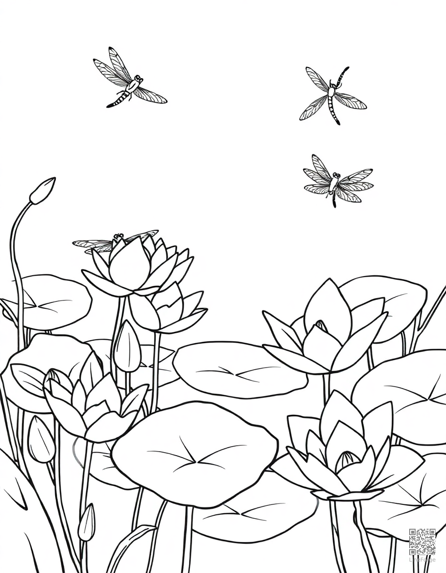 An elegant lily pond with lily pads and dragonflies coloring page Contour style - free printable