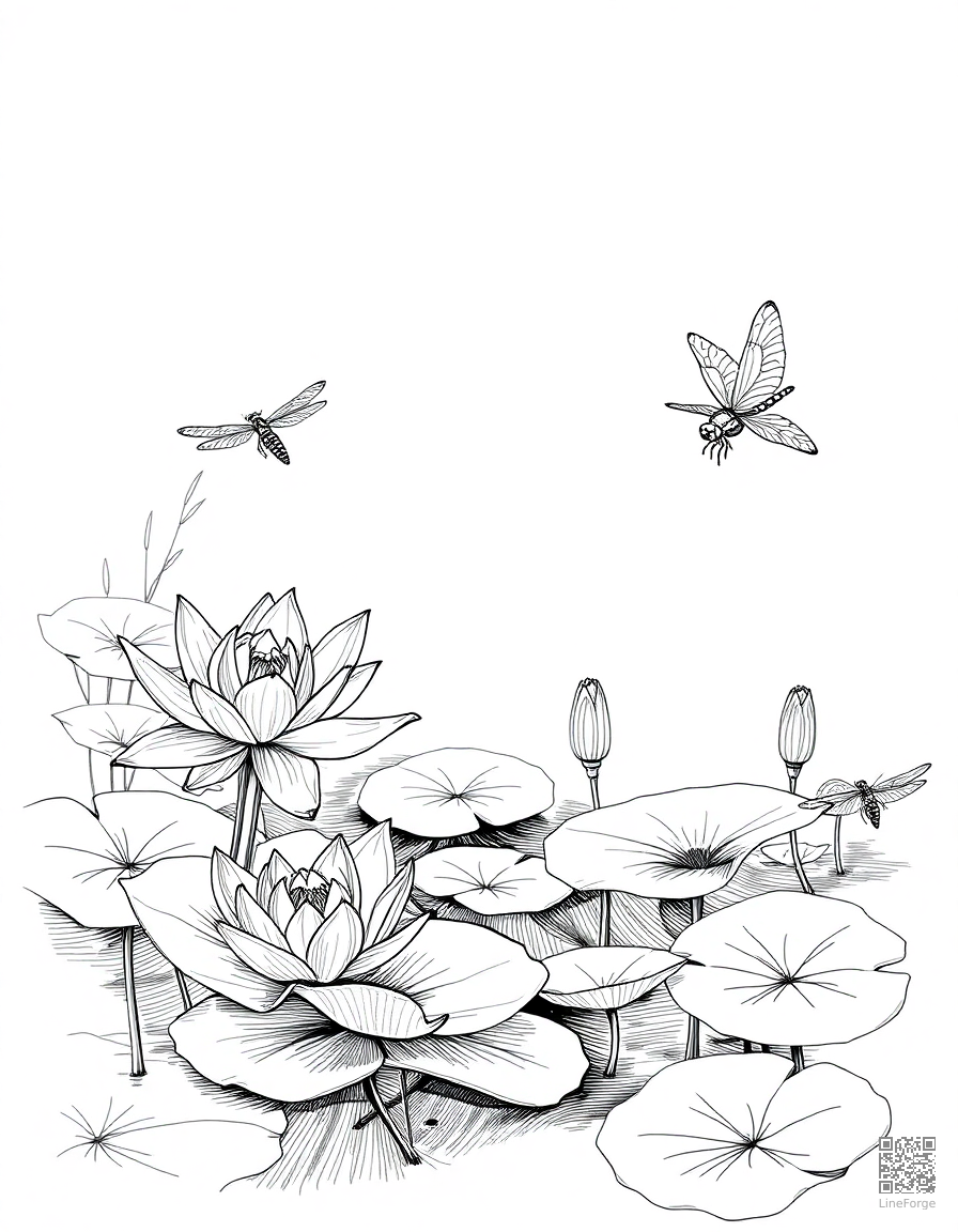 An elegant lily pond with lily pads and dragonflies coloring page Crosshatch style - free printable