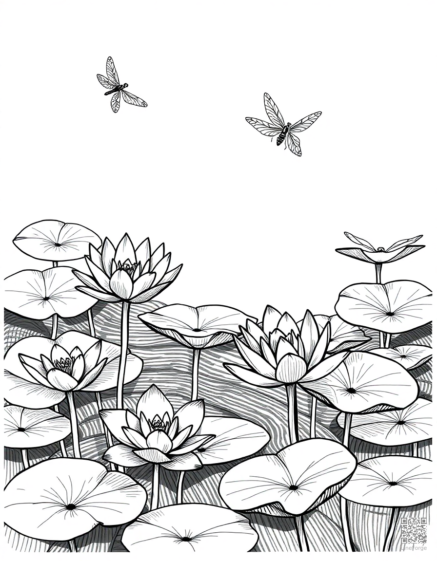 An elegant lily pond with lily pads and dragonflies coloring page Crosshatch style - free printable