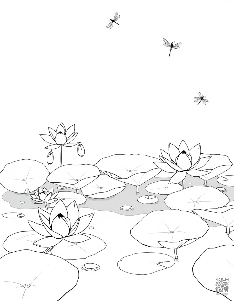 An elegant lily pond with lily pads and dragonflies coloring page Manga style - free printable