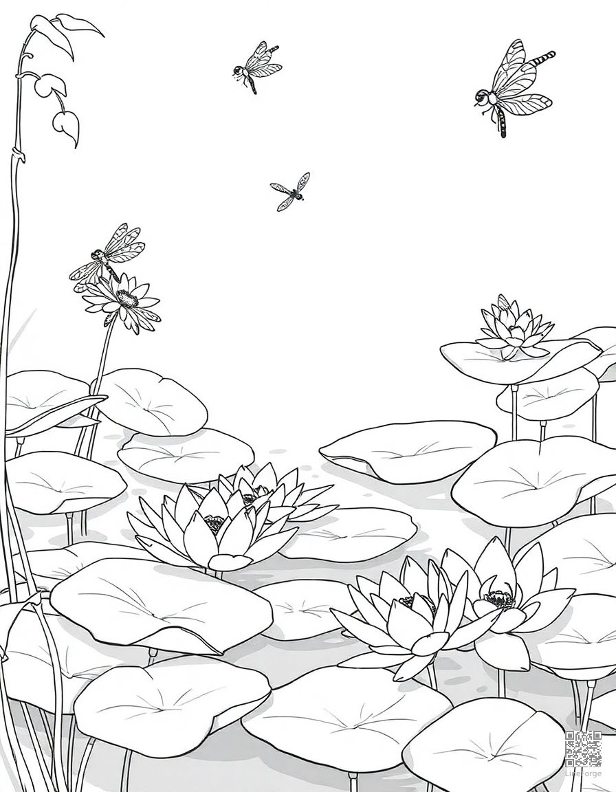 An elegant lily pond with lily pads and dragonflies coloring page Manga style - free printable