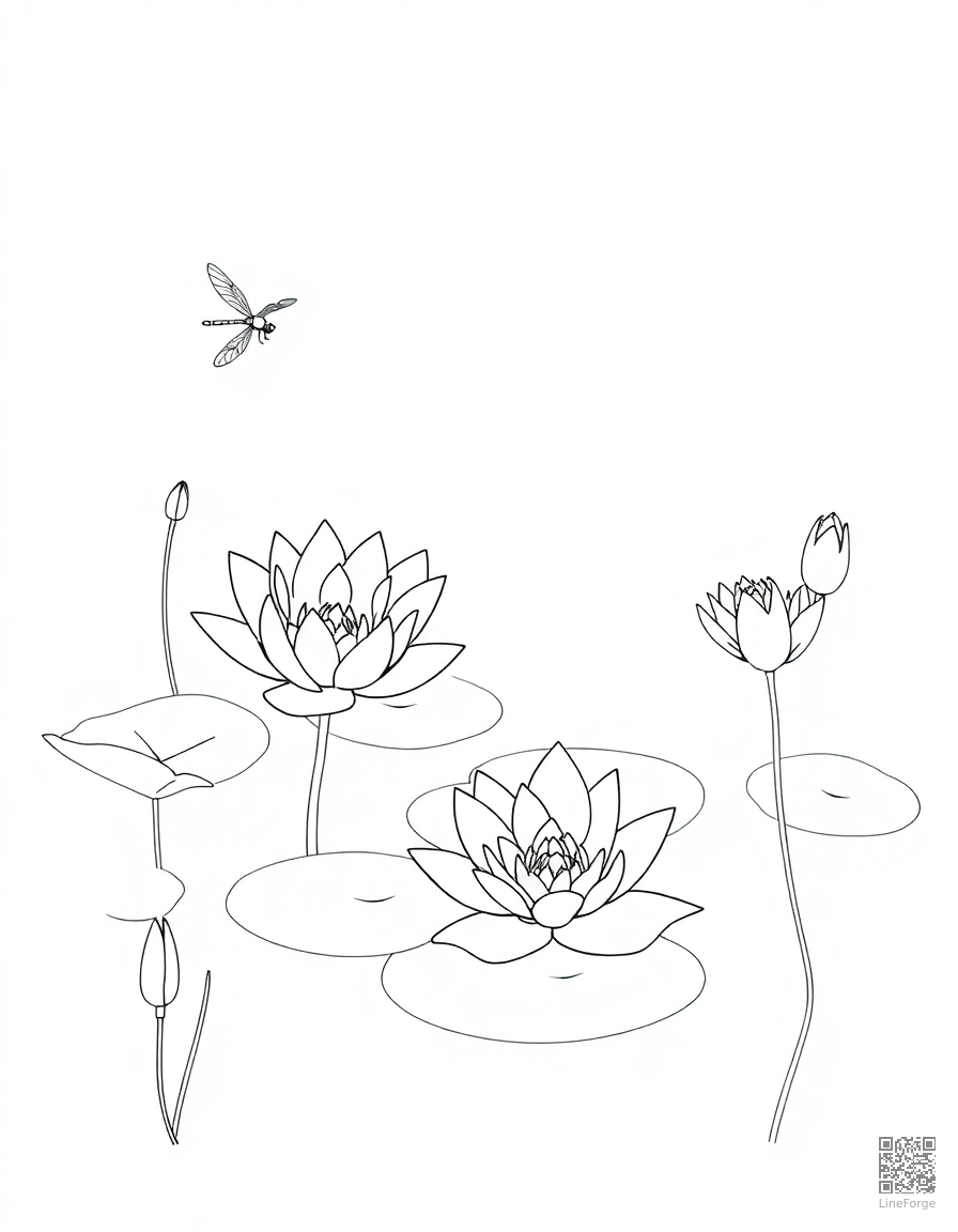 An elegant lily pond with lily pads and dragonflies coloring page Minimal style - free printable