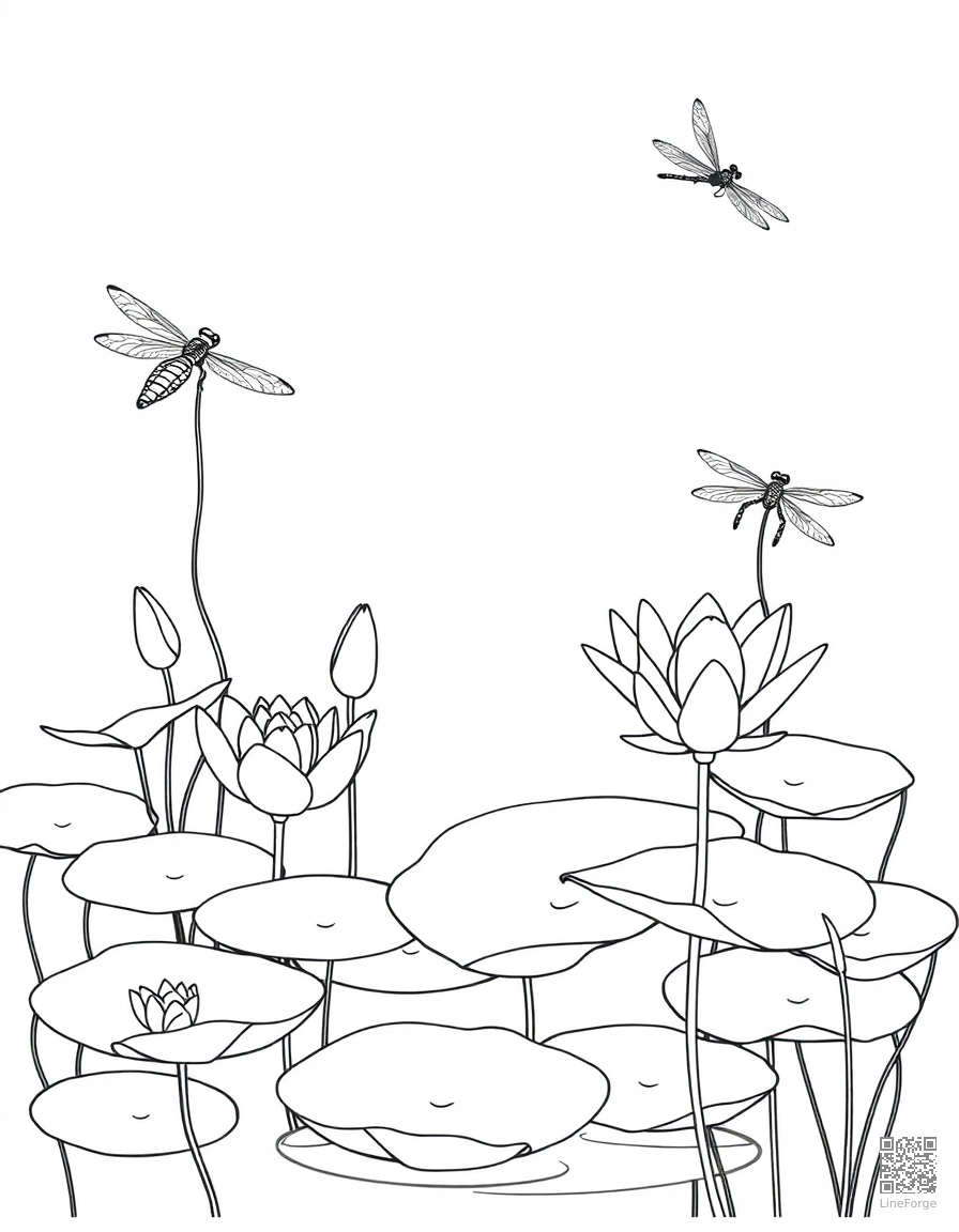 An elegant lily pond with lily pads and dragonflies coloring page Minimal style - free printable