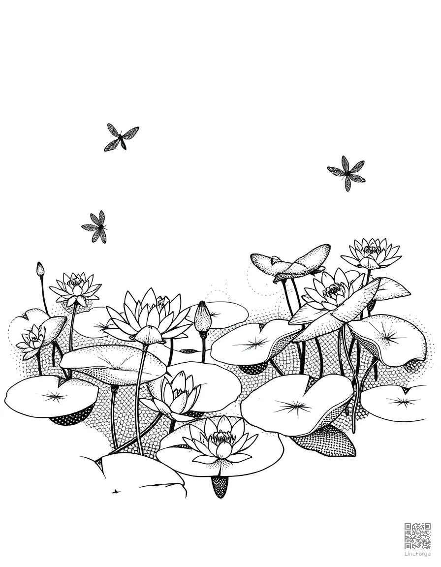 An elegant lily pond with lily pads and dragonflies coloring page Stipple style - free printable