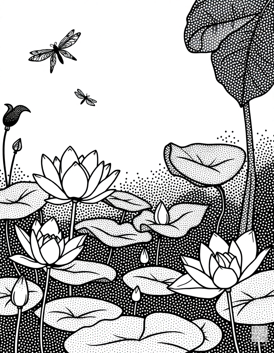 An elegant lily pond with lily pads and dragonflies coloring page Stipple style - free printable