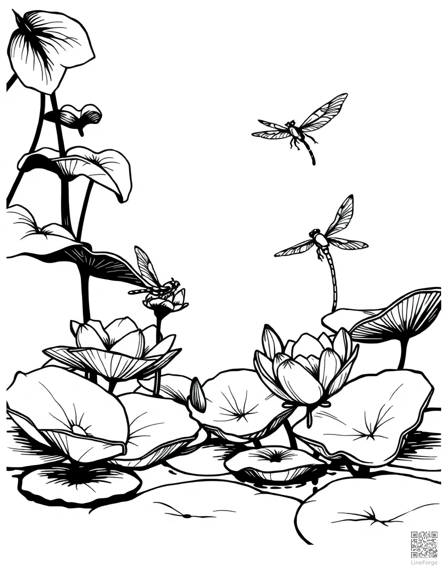 An elegant lily pond with lily pads and dragonflies coloring page Woodcut style - free printable