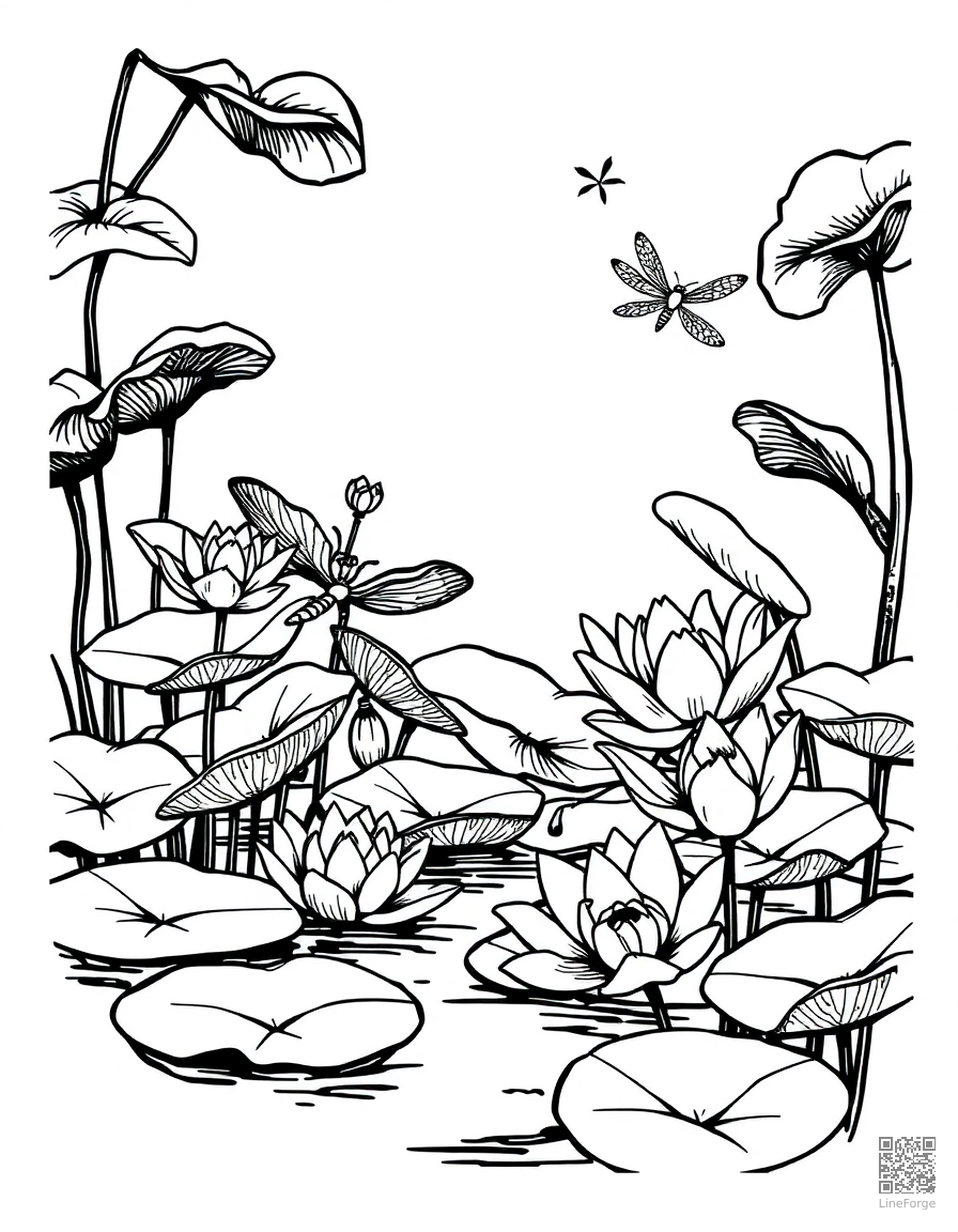 An elegant lily pond with lily pads and dragonflies coloring page Woodcut style - free printable