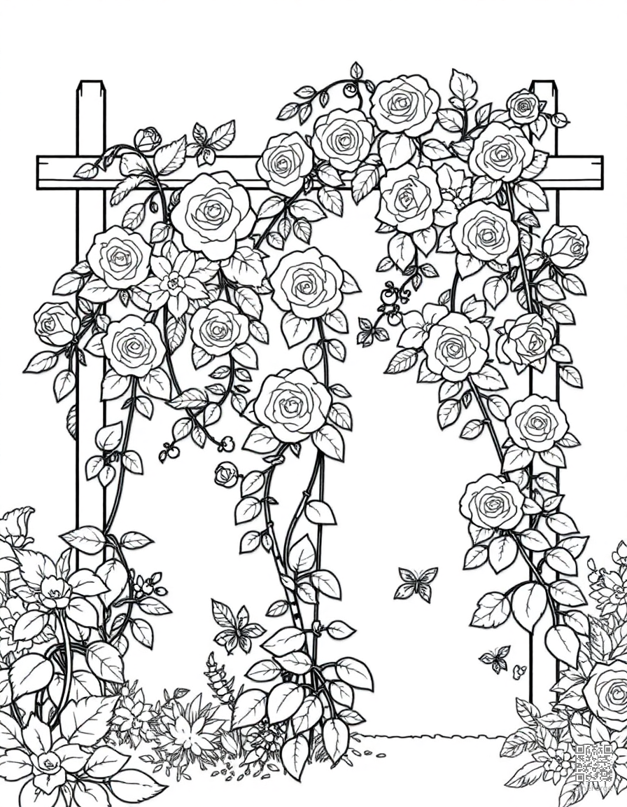 An English cottage garden with climbing roses on a trellis coloring page Contour style - free printable