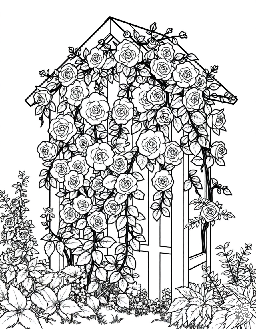 An English cottage garden with climbing roses on a trellis coloring page Contour style - free printable