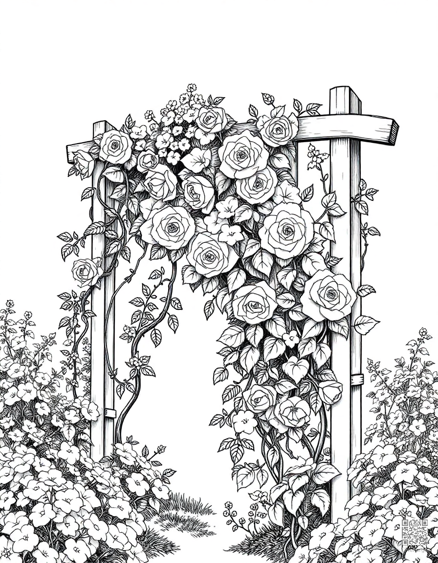 An English cottage garden with climbing roses on a trellis coloring page Crosshatch style - free printable