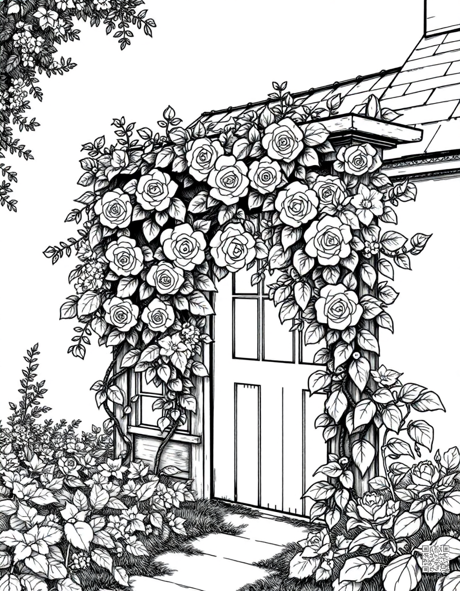 An English cottage garden with climbing roses on a trellis coloring page Crosshatch style - free printable