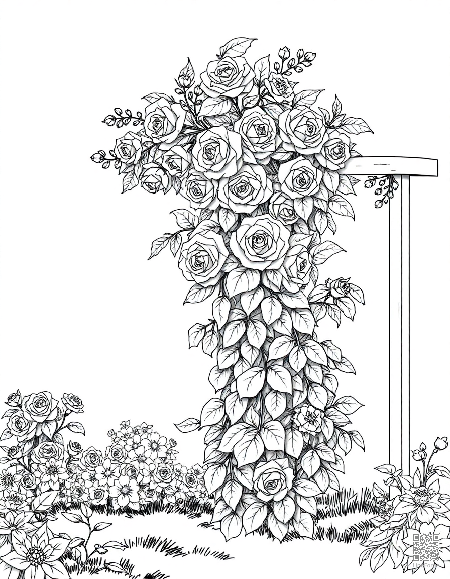 An English cottage garden with climbing roses on a trellis coloring page Manga style free printable