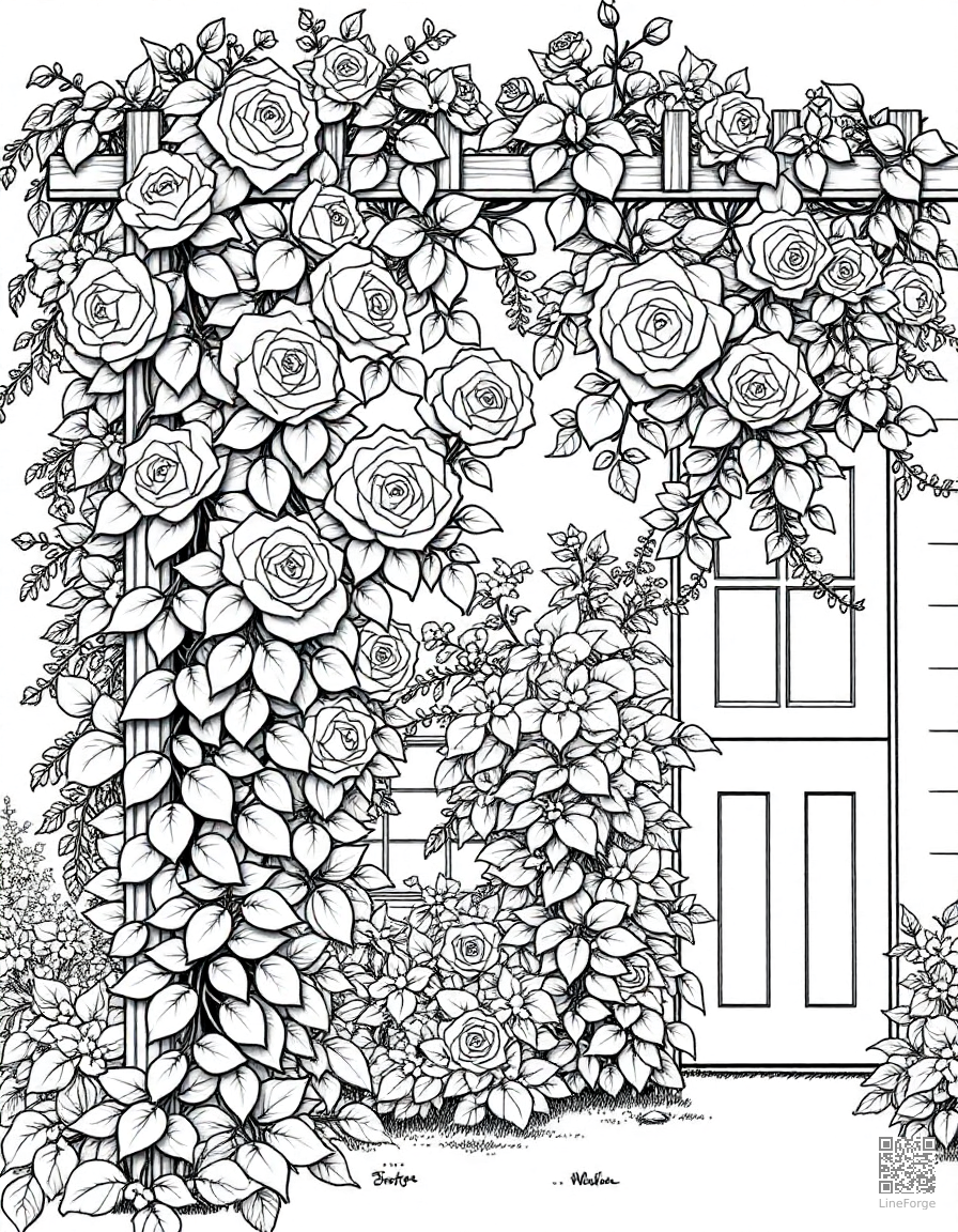 An English cottage garden with climbing roses on a trellis coloring page Manga style free printable