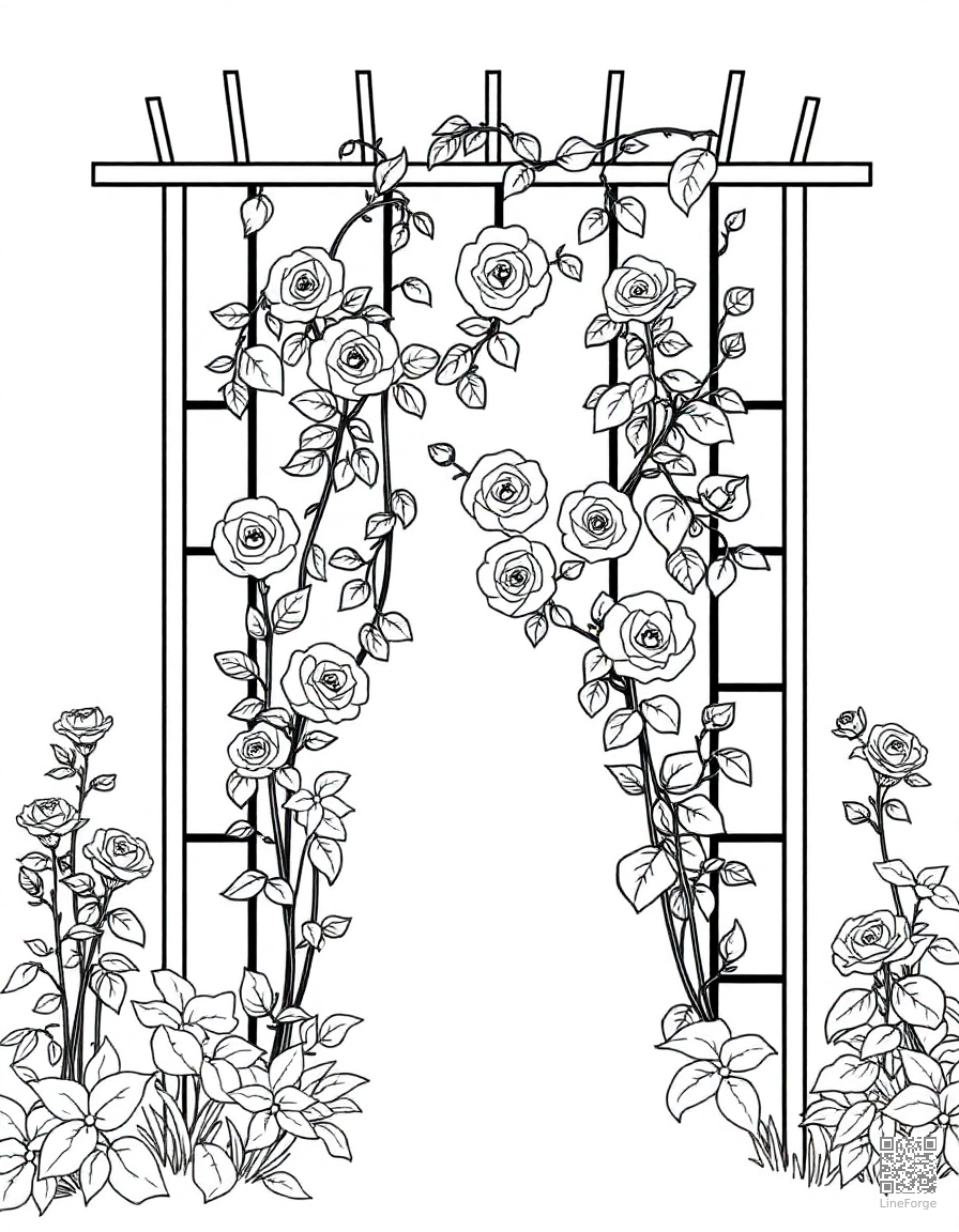 An English cottage garden with climbing roses on a trellis coloring page Minimal style free printable