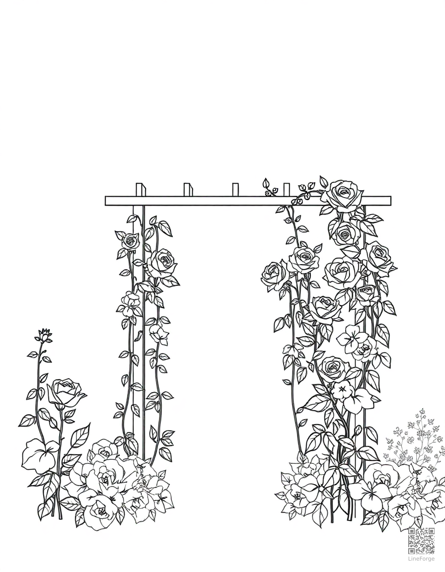 An English cottage garden with climbing roses on a trellis coloring page Minimal style free printable