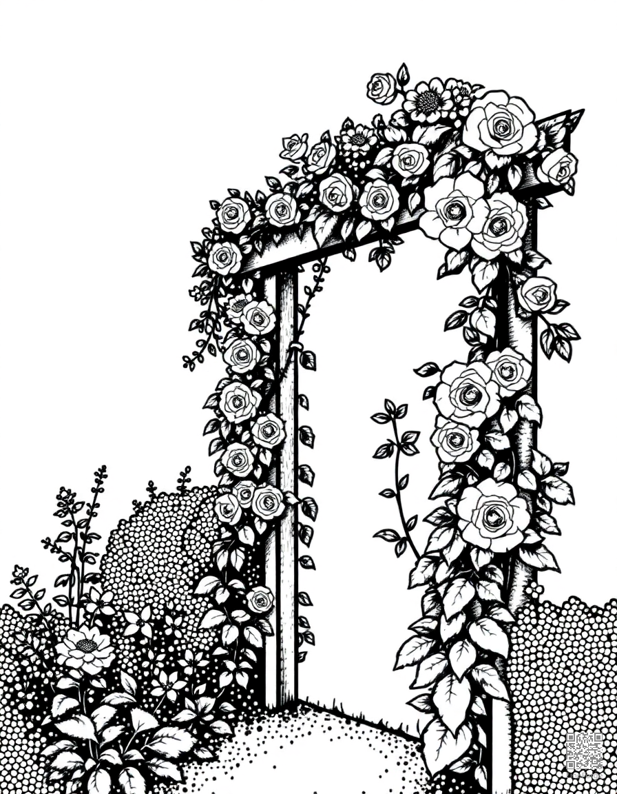 An English cottage garden with climbing roses on a trellis coloring page Stipple style - free printable