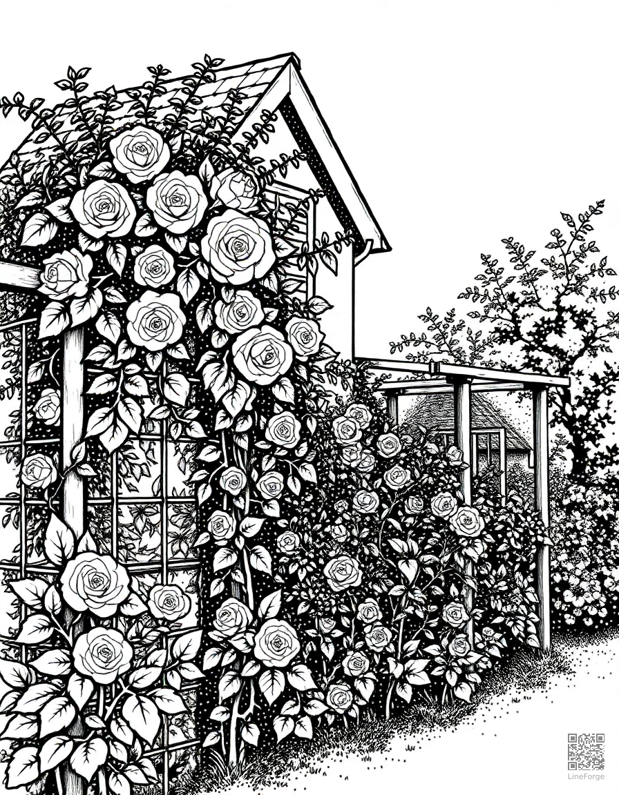 An English cottage garden with climbing roses on a trellis coloring page Stipple style - free printable