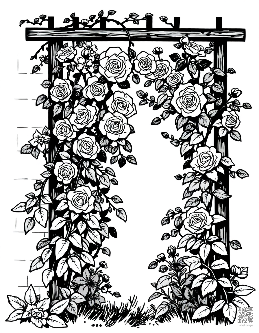 An English cottage garden with climbing roses on a trellis coloring page Woodcut style - free printable