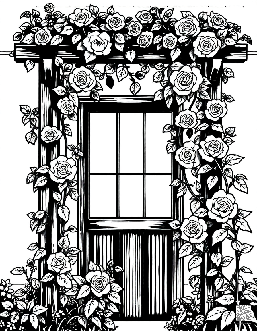 An English cottage garden with climbing roses on a trellis coloring page Woodcut style - free printable