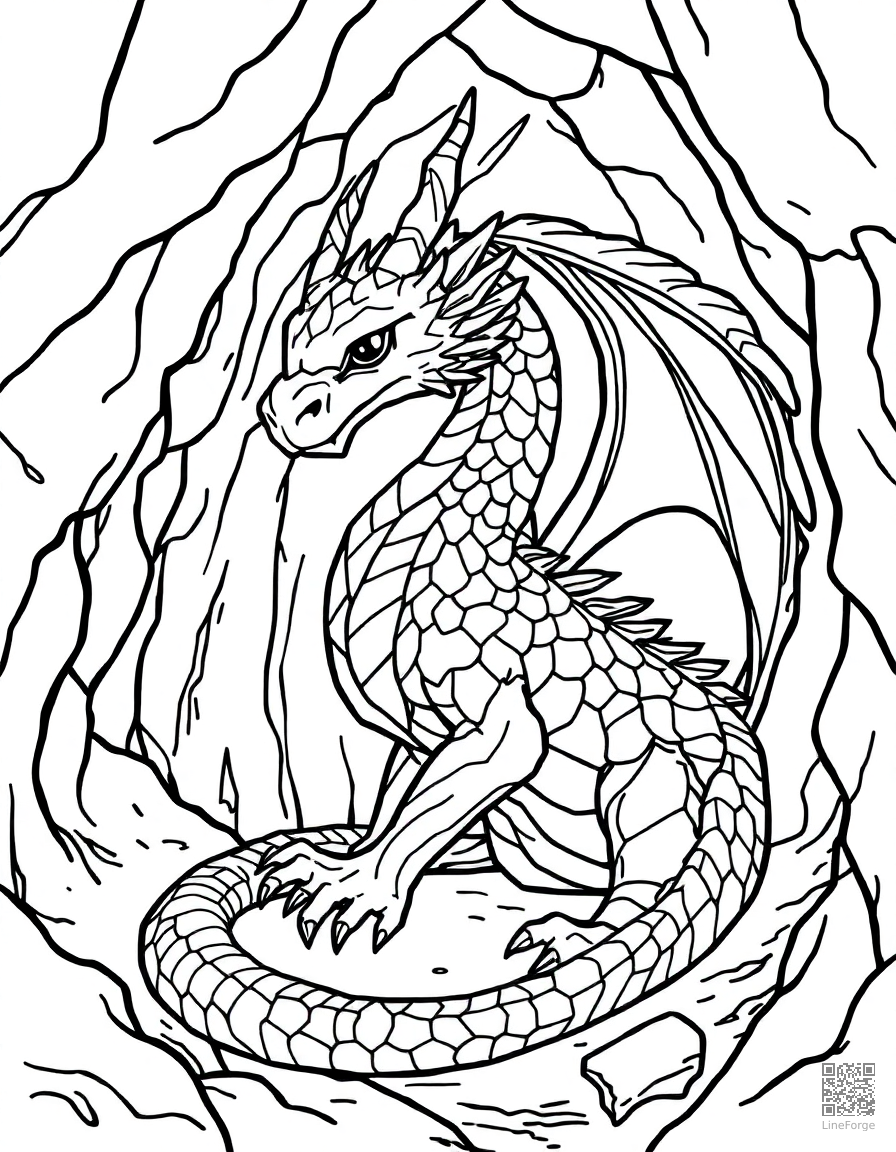 An ice dragon with crystalline scales in a frozen cave coloring page Contour style - free printable