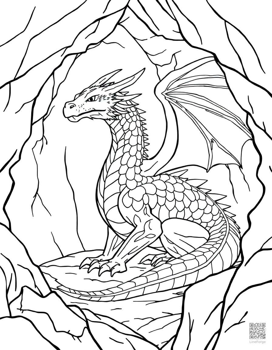 An ice dragon with crystalline scales in a frozen cave coloring page Contour style - free printable