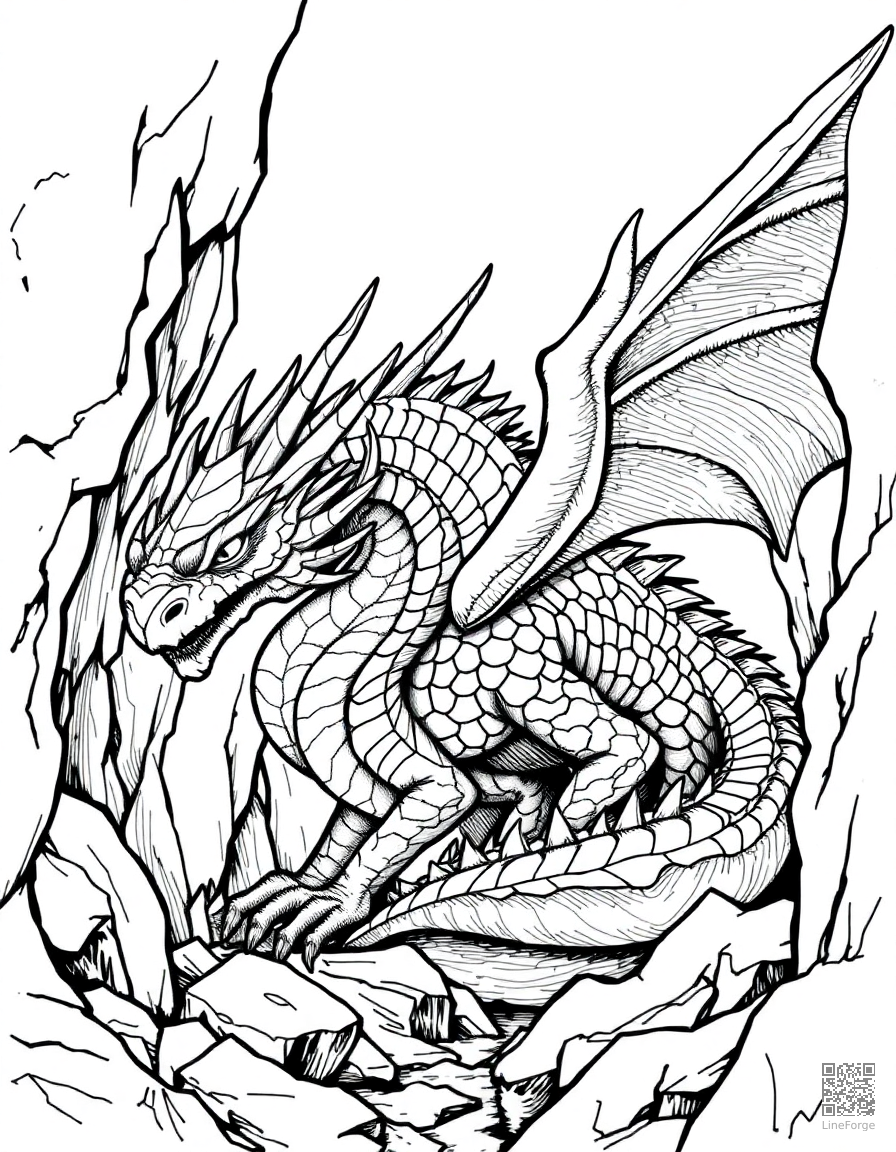 An ice dragon with crystalline scales in a frozen cave coloring page Crosshatch style - free printable