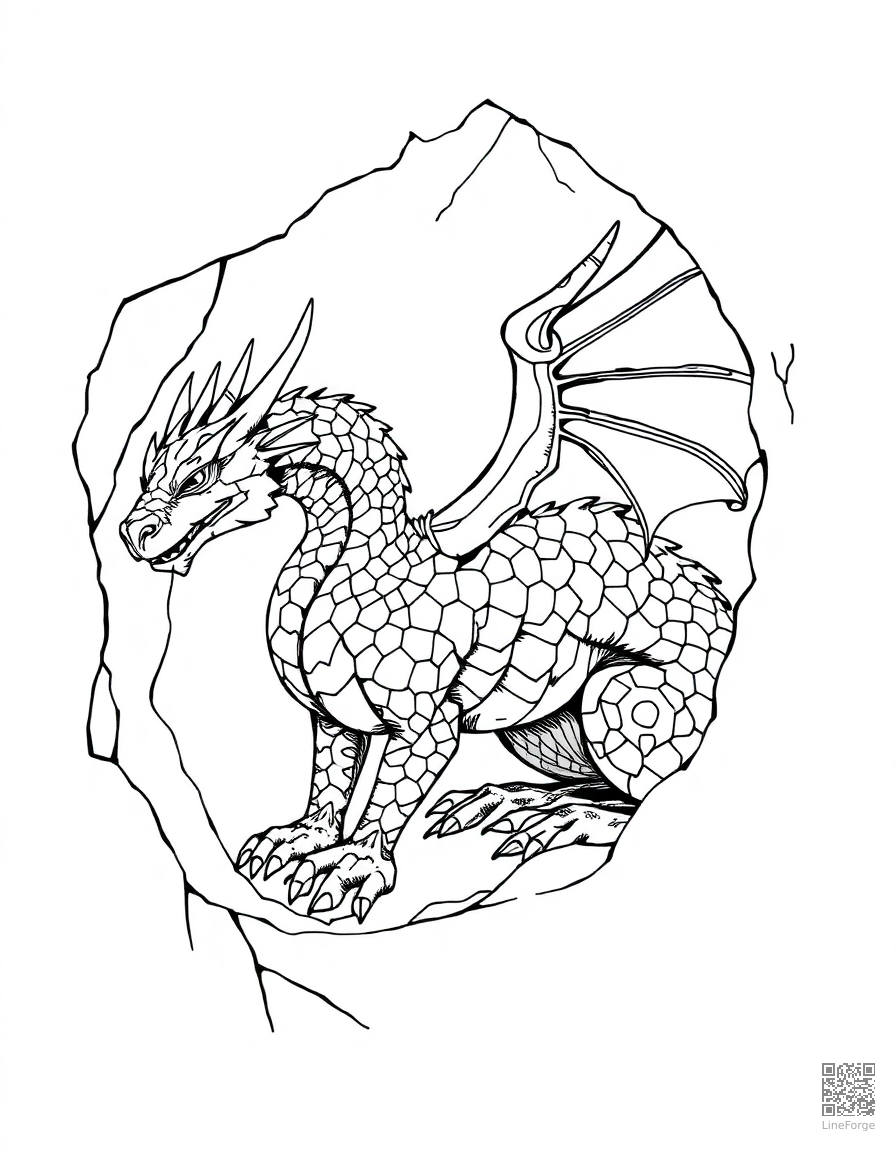 An ice dragon with crystalline scales in a frozen cave coloring page Crosshatch style - free printable