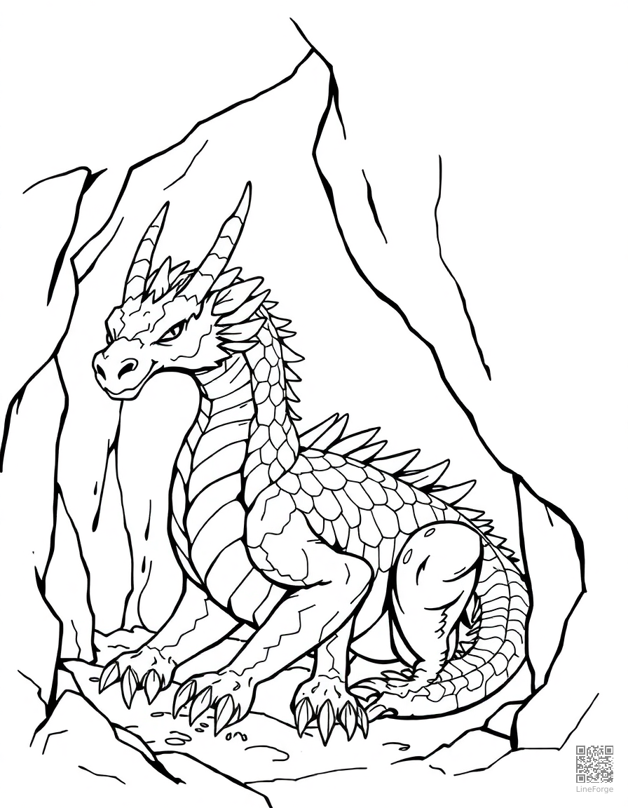 An ice dragon with crystalline scales in a frozen cave coloring page Manga style - free printable