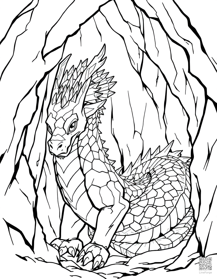 An ice dragon with crystalline scales in a frozen cave coloring page Manga style - free printable