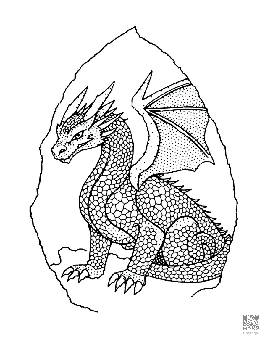 An ice dragon with crystalline scales in a frozen cave coloring page Stipple style - free printable
