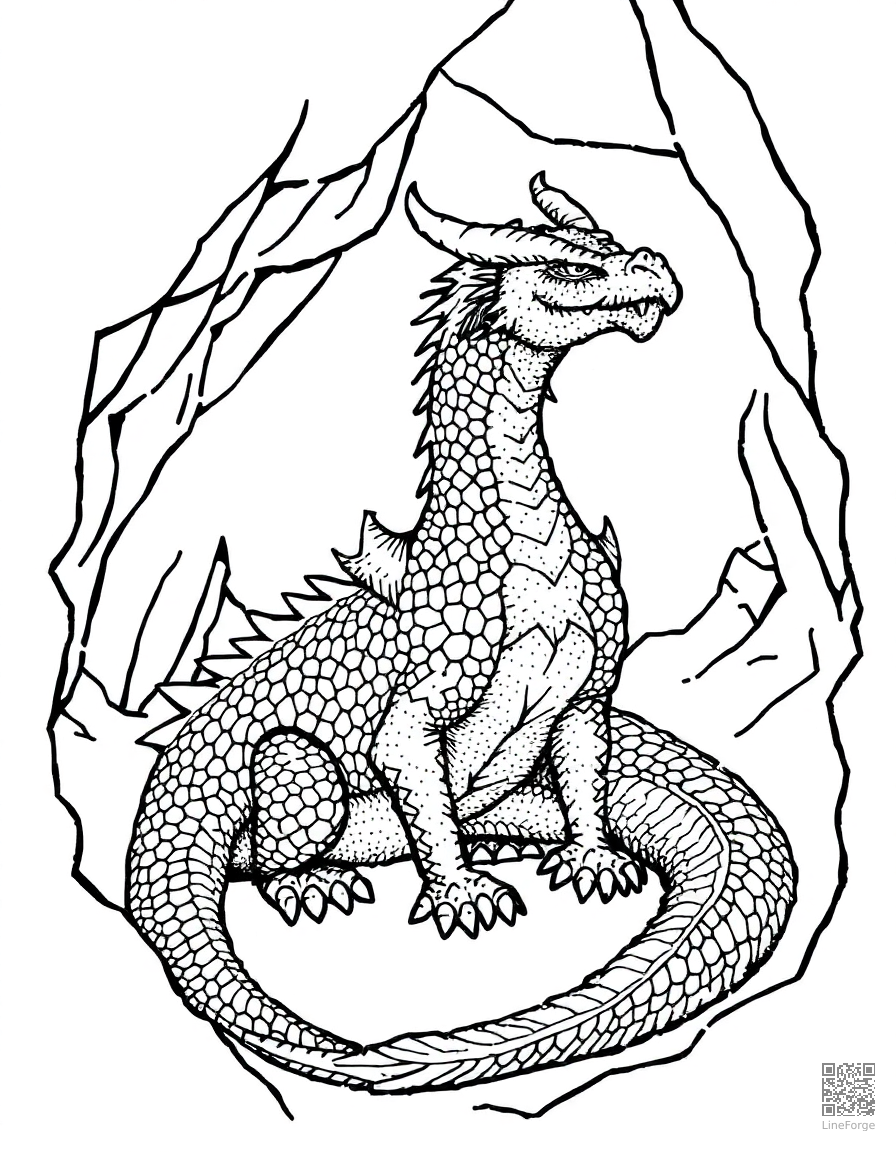 An ice dragon with crystalline scales in a frozen cave coloring page Stipple style - free printable