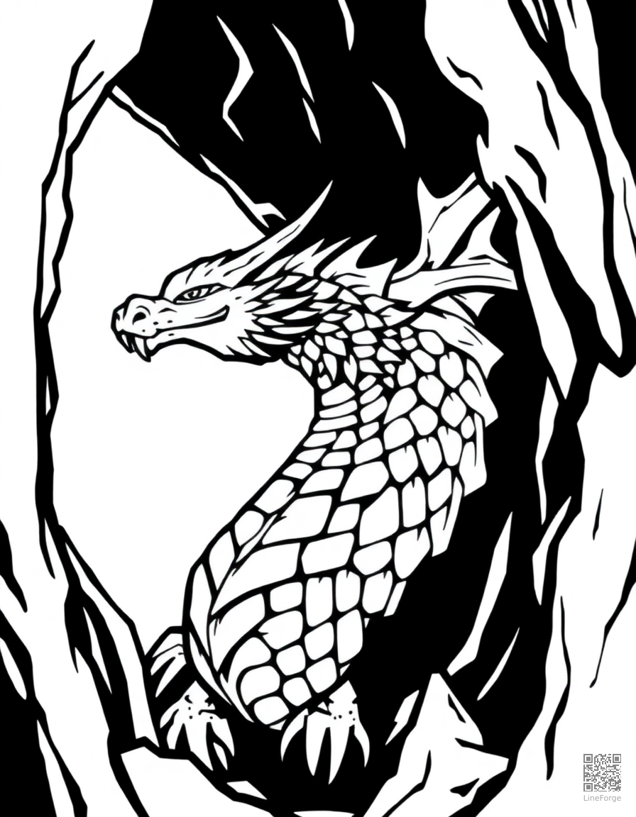 An ice dragon with crystalline scales in a frozen cave coloring page Woodcut style - free printable
