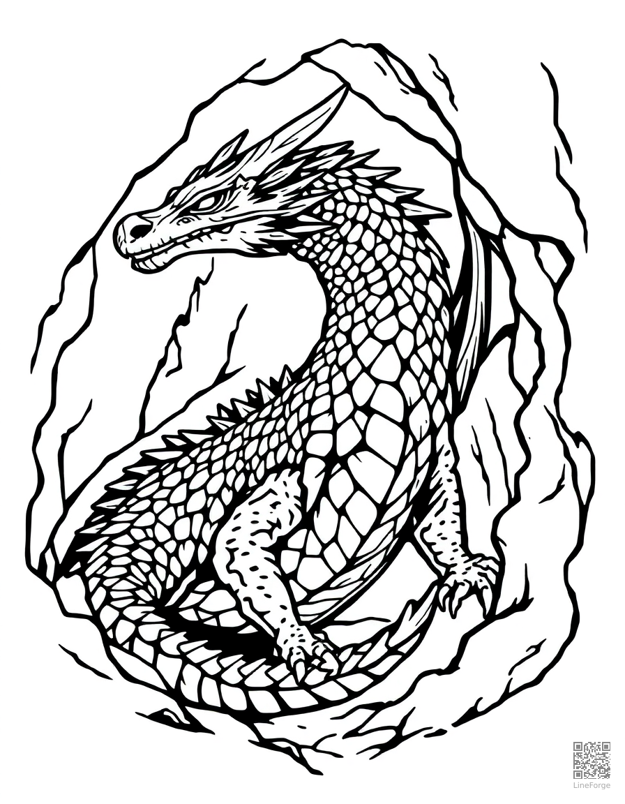 An ice dragon with crystalline scales in a frozen cave coloring page Woodcut style - free printable