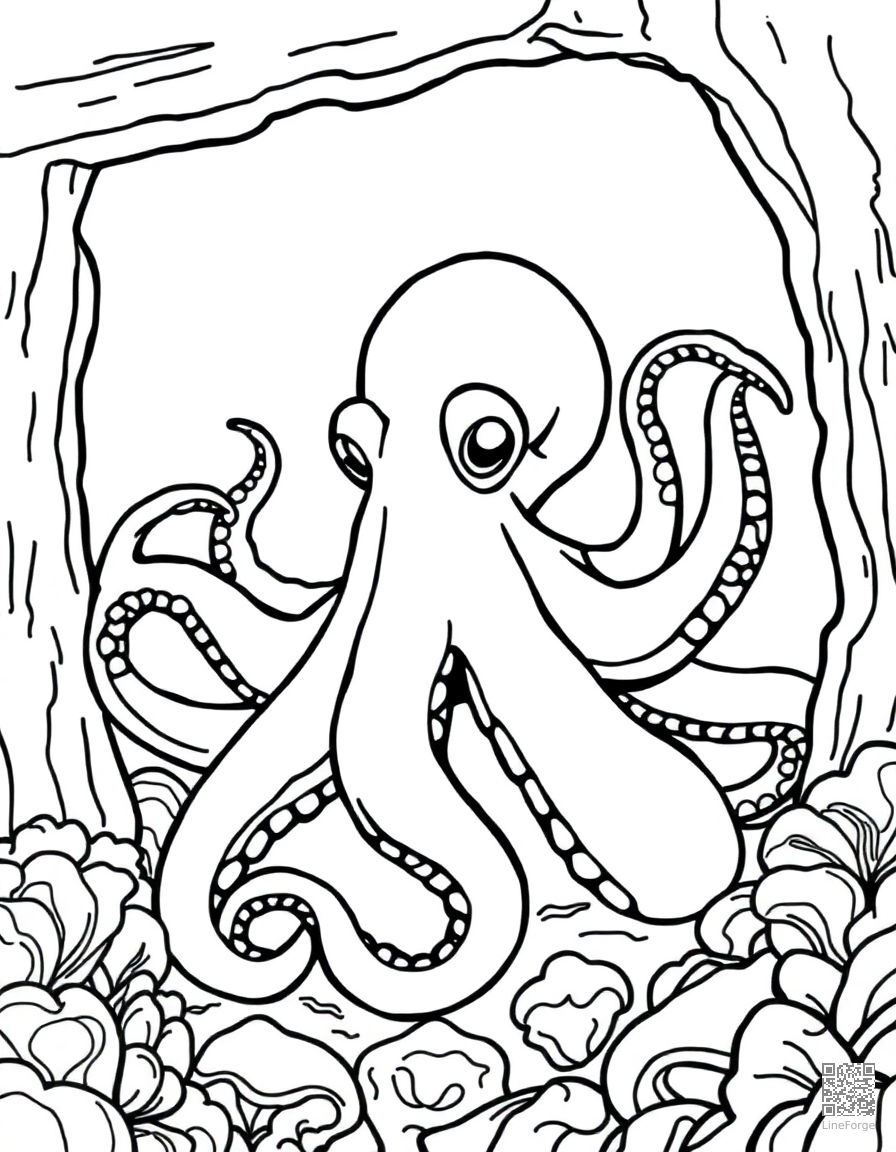 An octopus in a sunken shipwreck coloring page Contour style - free printable