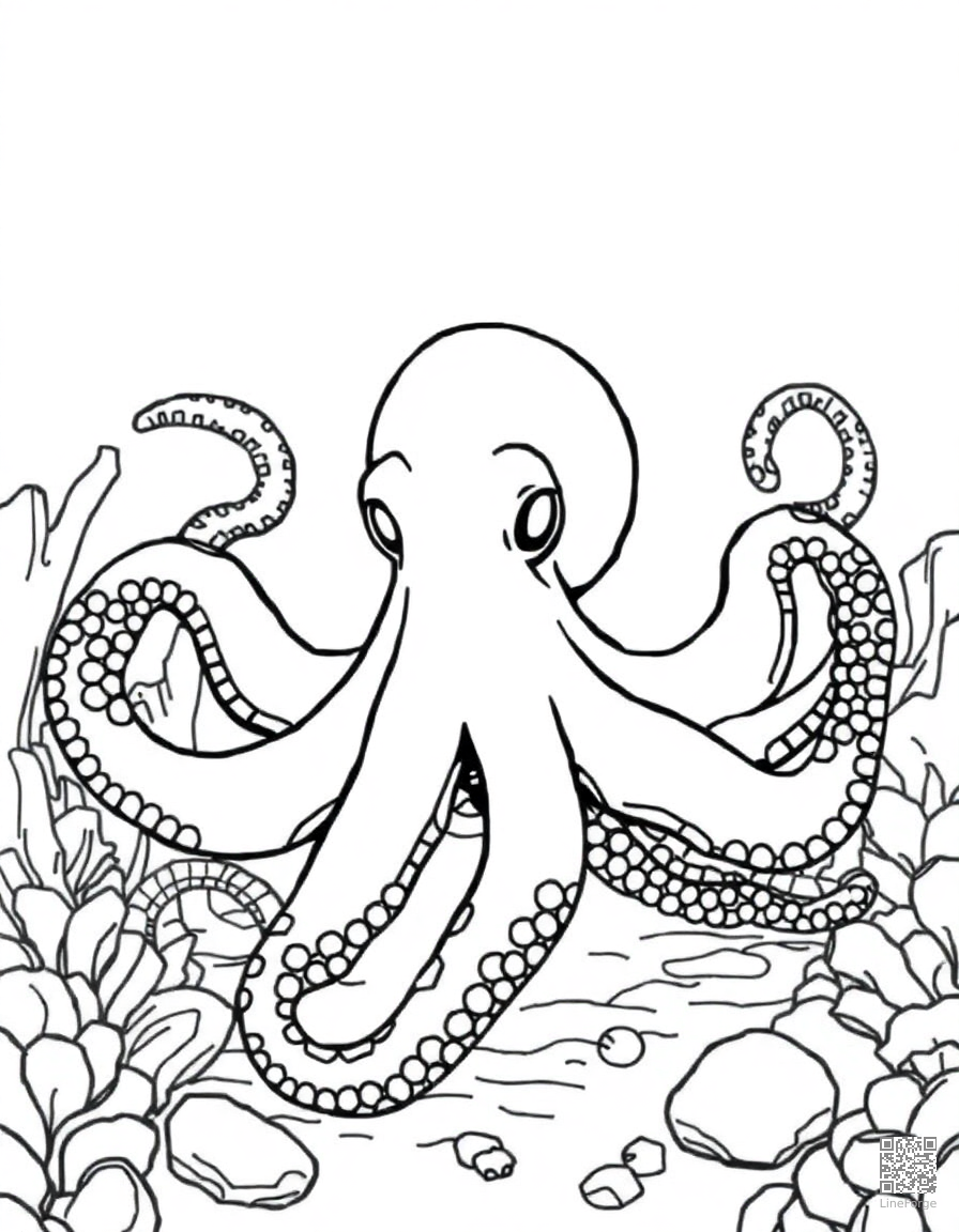 An octopus in a sunken shipwreck coloring page Contour style - free printable