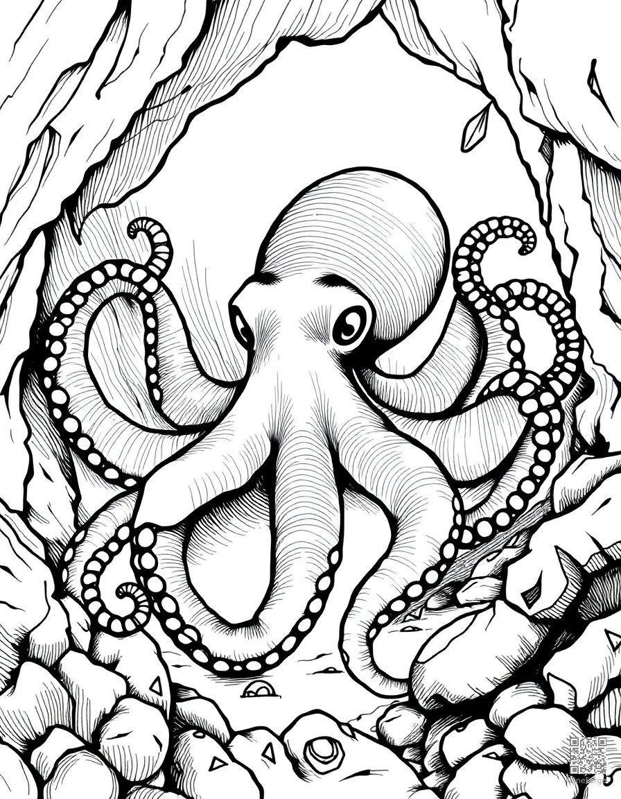 An octopus in a sunken shipwreck coloring page Crosshatch style - free printable