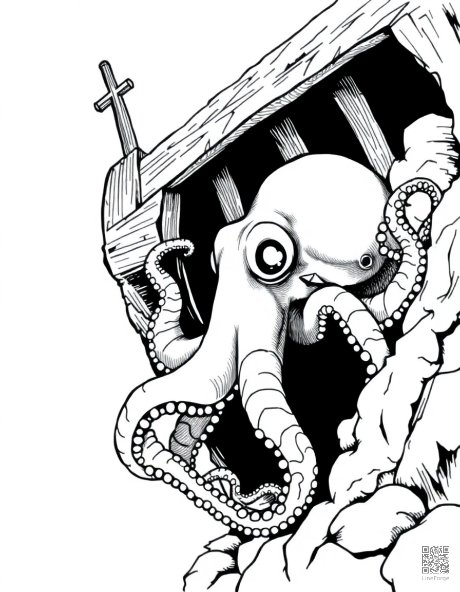 An octopus in a sunken shipwreck coloring page Crosshatch style - free printable