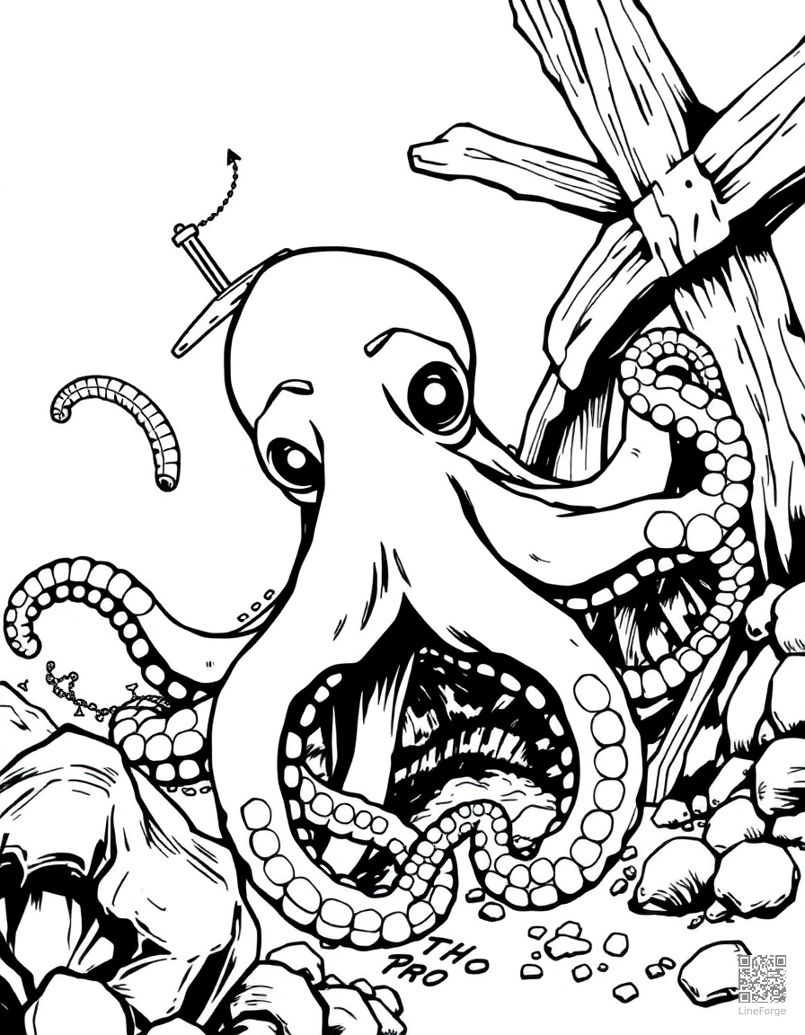 An octopus in a sunken shipwreck coloring page Manga style - free printable