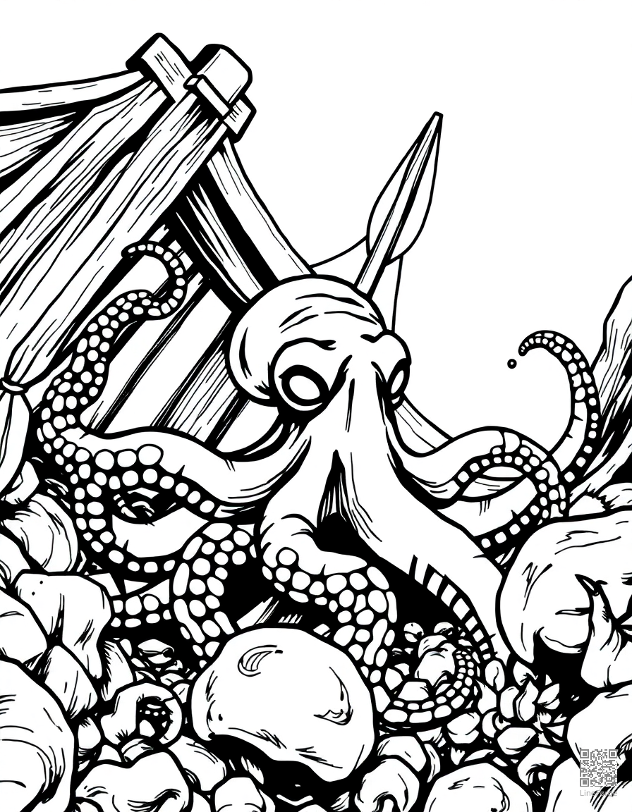 An octopus in a sunken shipwreck coloring page Manga style - free printable