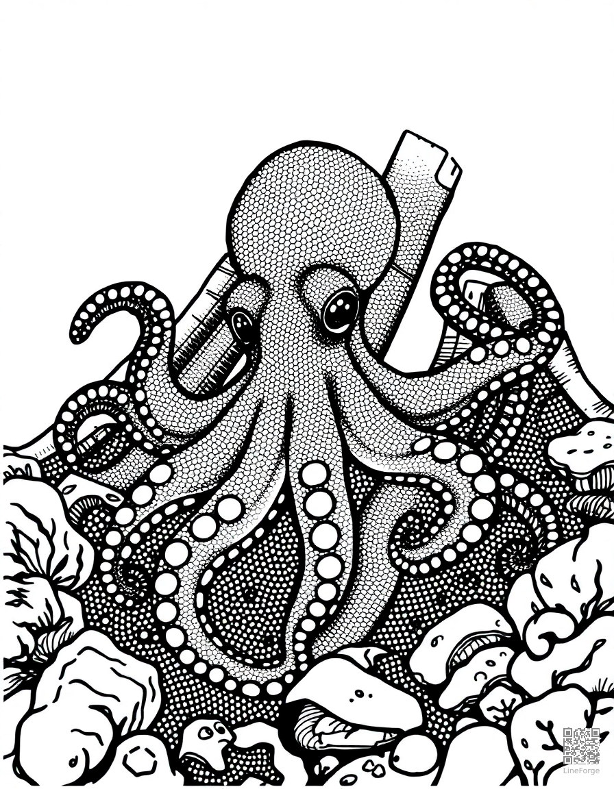 An octopus in a sunken shipwreck coloring page Stipple style - free printable