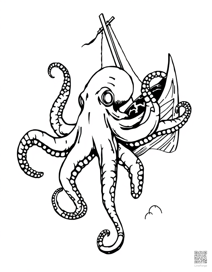 An octopus in a sunken shipwreck coloring page Woodcut style - free printable