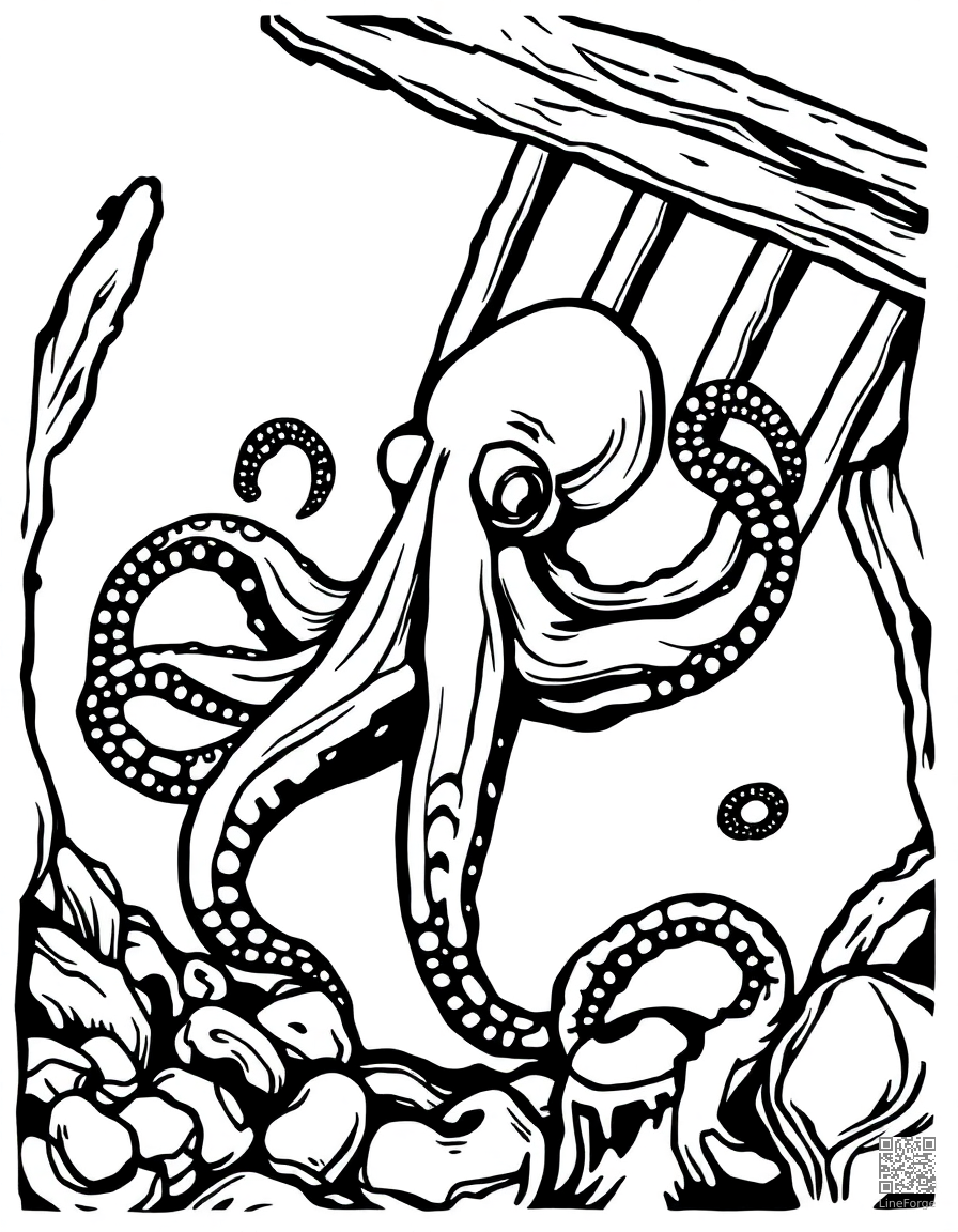 An octopus in a sunken shipwreck coloring page Woodcut style - free printable