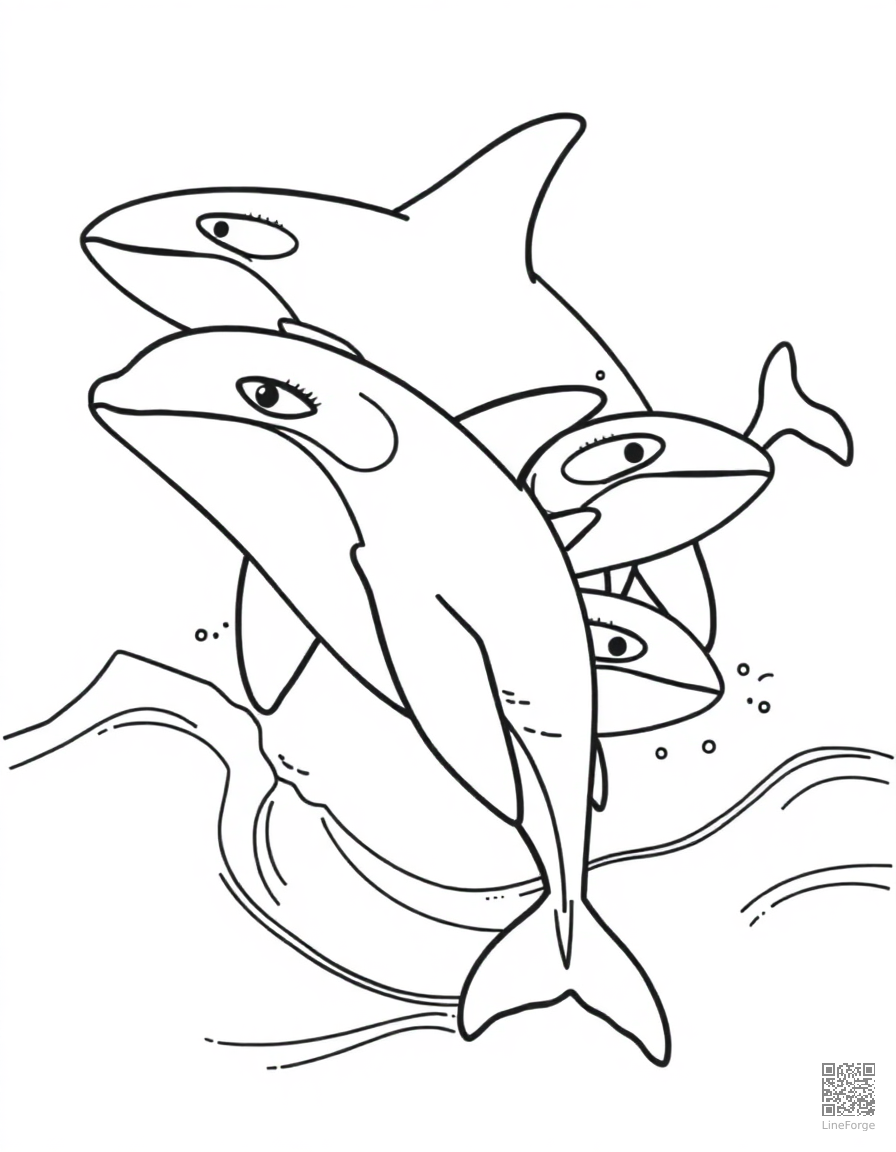 An orca pod swimming together through waves coloring page Contour style - free printable