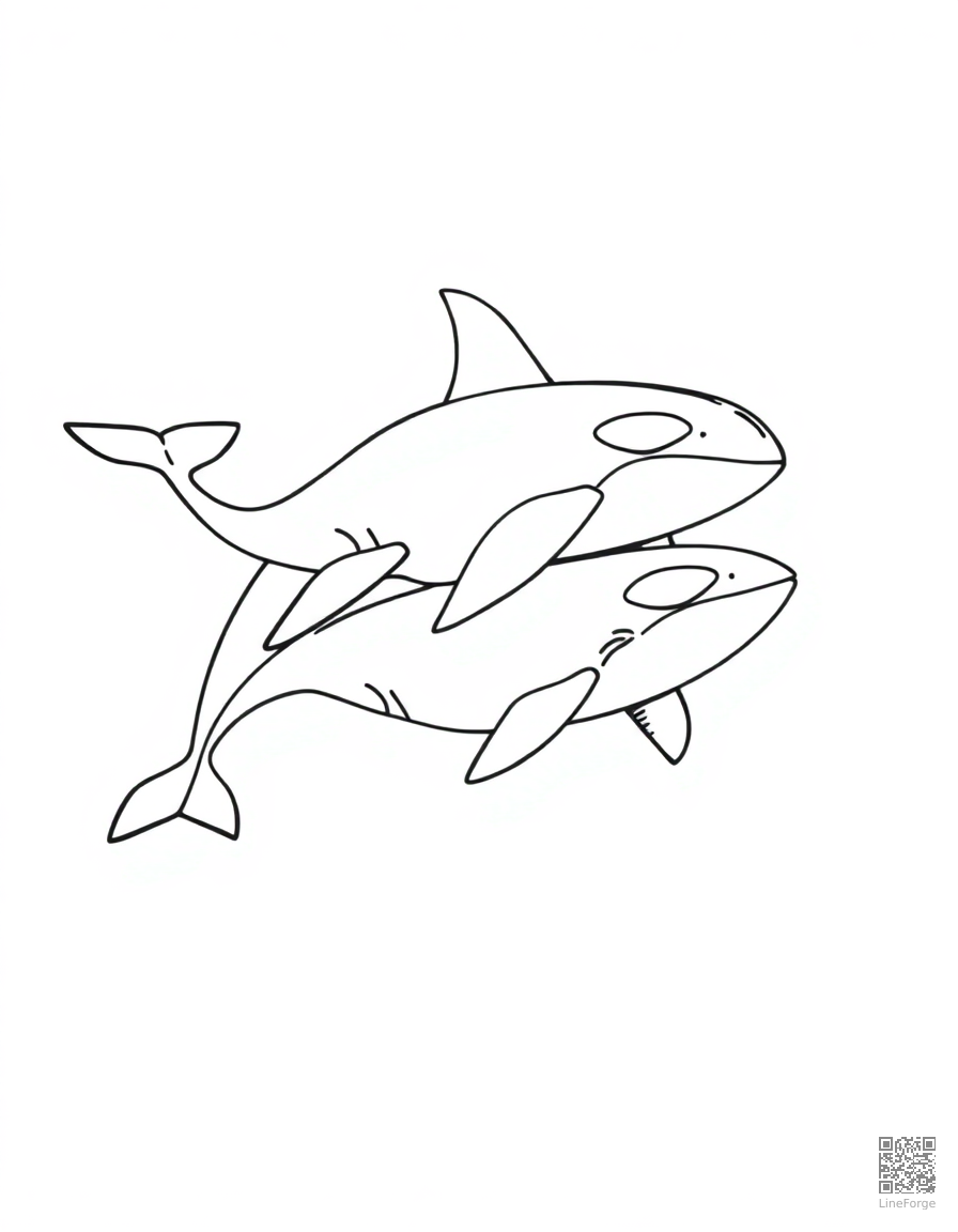 An orca pod swimming together through waves coloring page Contour style - free printable