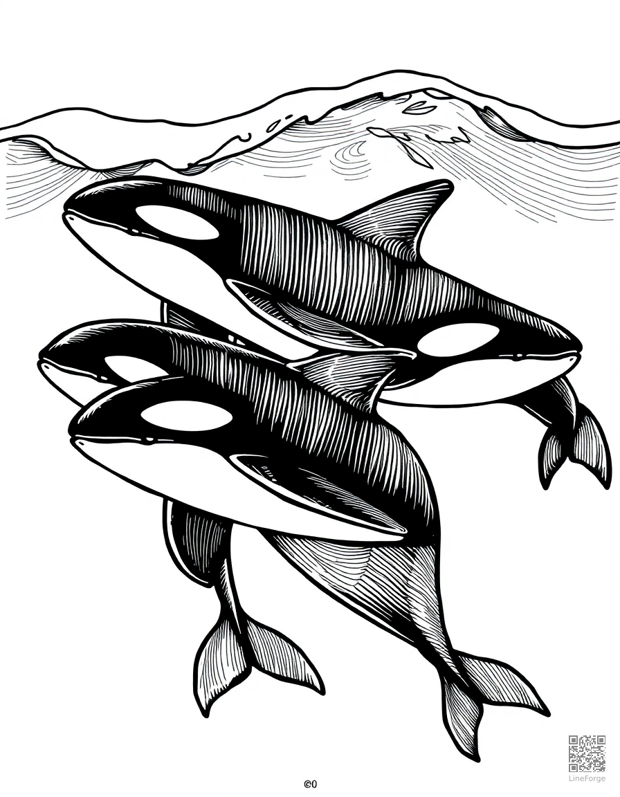 An orca pod swimming together through waves coloring page Crosshatch style - free printable