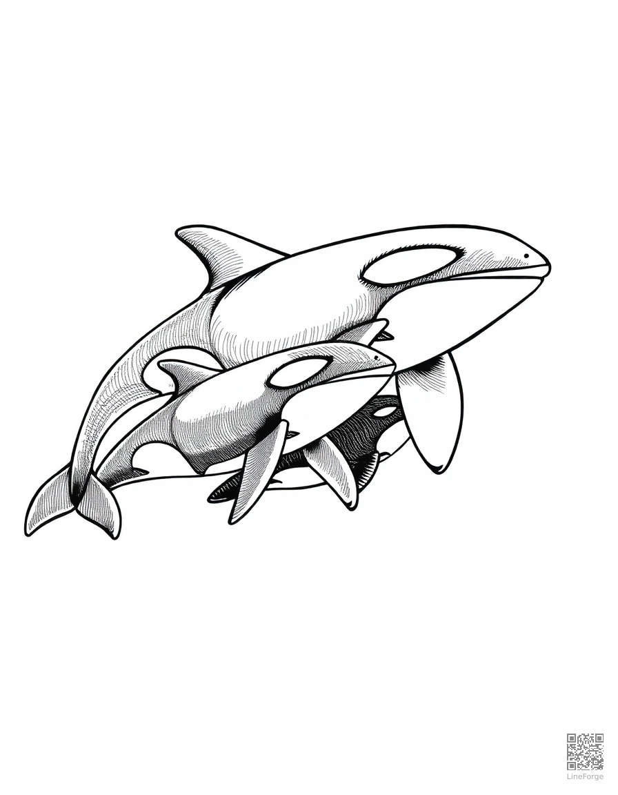 An orca pod swimming together through waves coloring page Crosshatch style - free printable