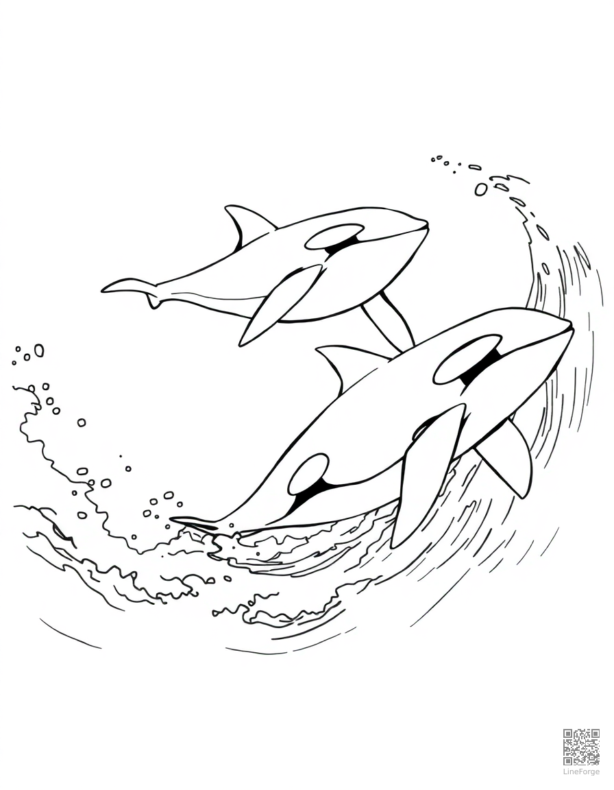 An orca pod swimming together through waves coloring page Manga style - free printable