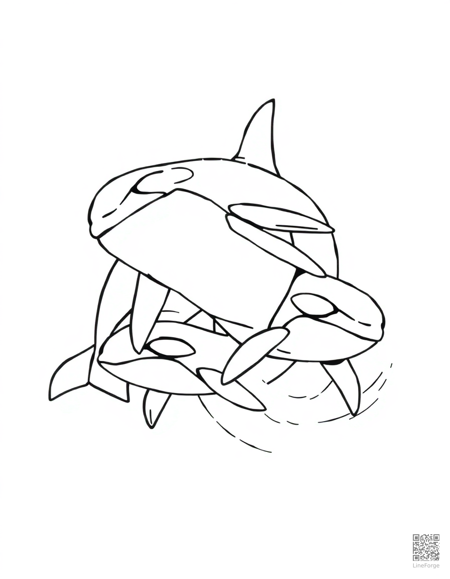 An orca pod swimming together through waves coloring page Manga style - free printable