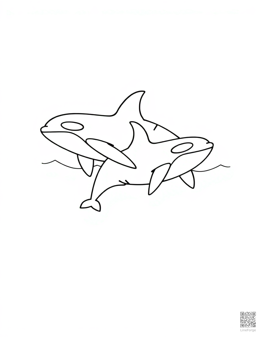 An orca pod swimming together through waves coloring page Minimal style - free printable