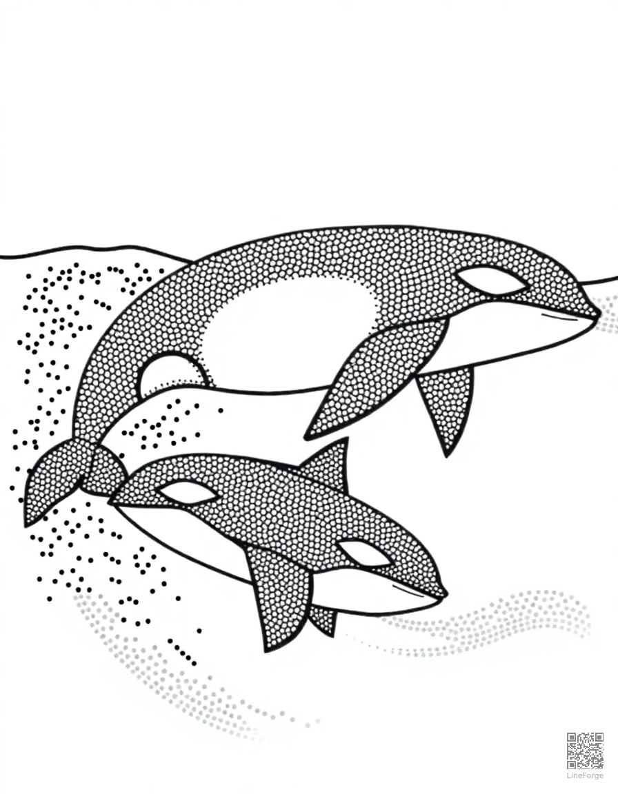 An orca pod swimming together through waves coloring page Stipple style - free printable
